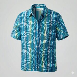 Haband Womens XL 18/20 Blue Tropical Floral Stripe Cotton Button Up Shirt B2M